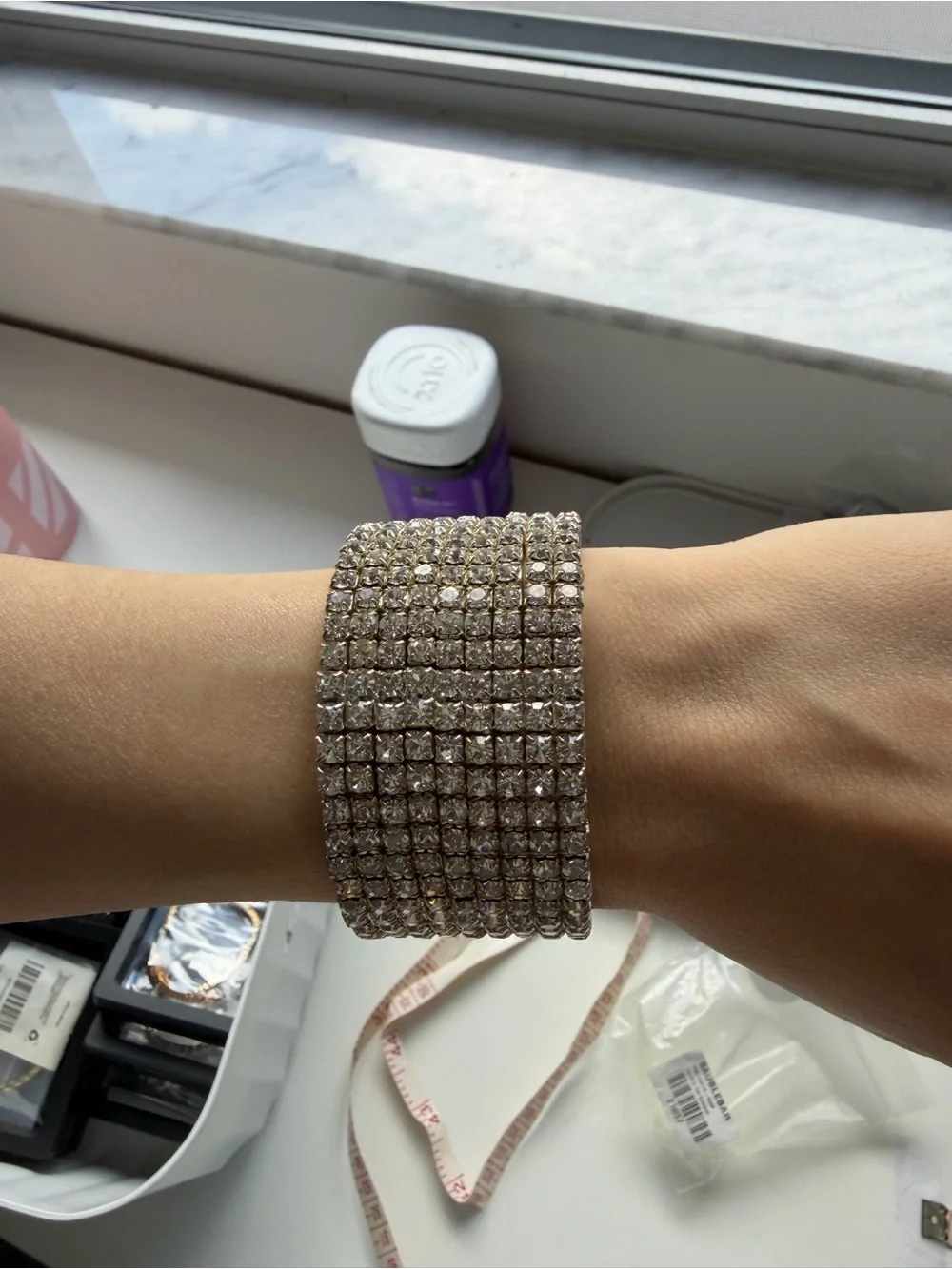 Wide Silver Tone Multi-Row Crystal Rhinestone Statement Bracelet